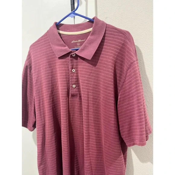 Eddie Bauer Mens XL Polo Shirt Burgundy Maroon Striped Short Sleeve Cotton Blend - Picture 4 of 4